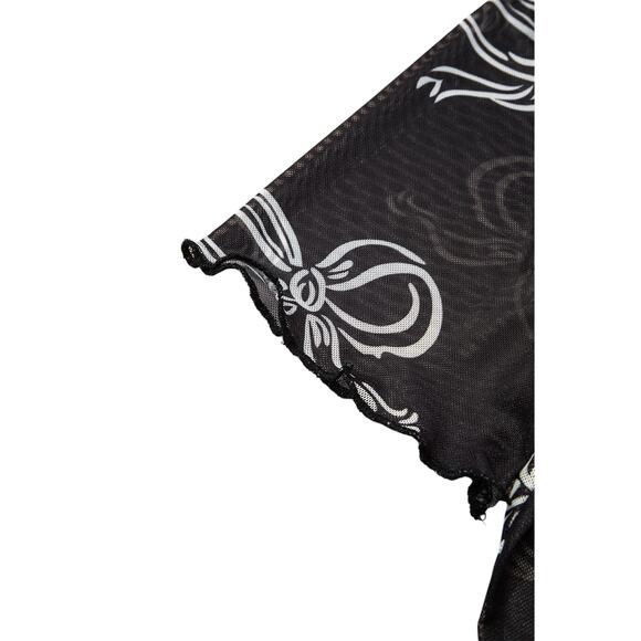 Black Round Neck Bow Print Short  Sleeve Mesh Top New Sizes S M L XL - Picture 4 of 9